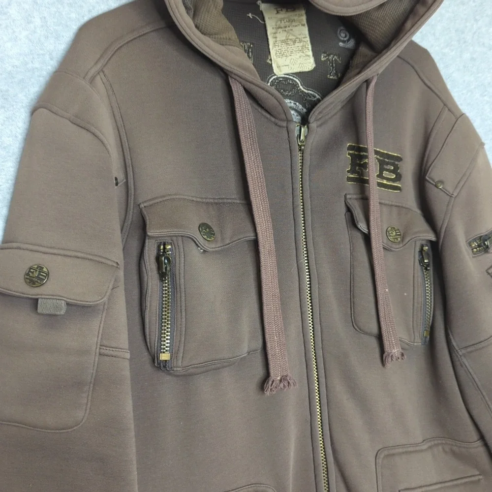 Vintage Brown Cargo Hooded Jacket L Full Zip Distressed Y2K Streetwear Spell out